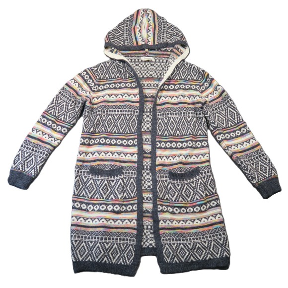 Monteau Sweaters - Monteau Hooded Duster Cardigan M Rainbow Intarsia Pockets  Aztec‎ Boho Festival